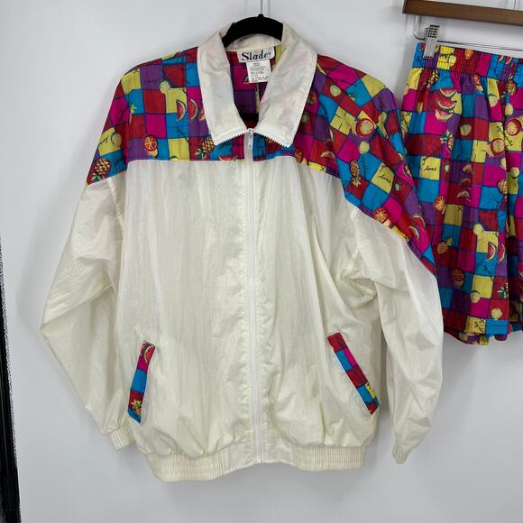 Vtg Slades Windbreaker Shorts Jacket Outfit Neon & White 100% Nylon Women Small - Picture 8 of 9